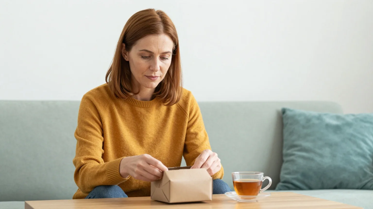 Frau Mitte vierzig mit schulterlangem kastanienbraunem Haar in senfgelbem Pullover öffnet auf dem Sofa ein kleines Paket aus Pappe, daneben eine Tasse Tee