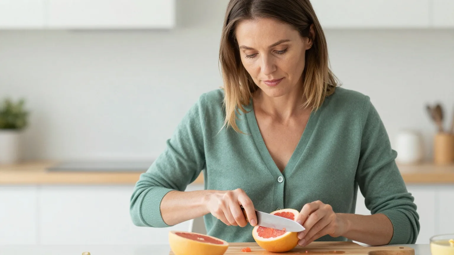 Frau Mitte vierzig mit kinnlangem dunkelblondem Haar in einer moosgrünen Strickjacke schneidet in einer hellen Küche eine rosa Grapefruit auf einem Holzbrett