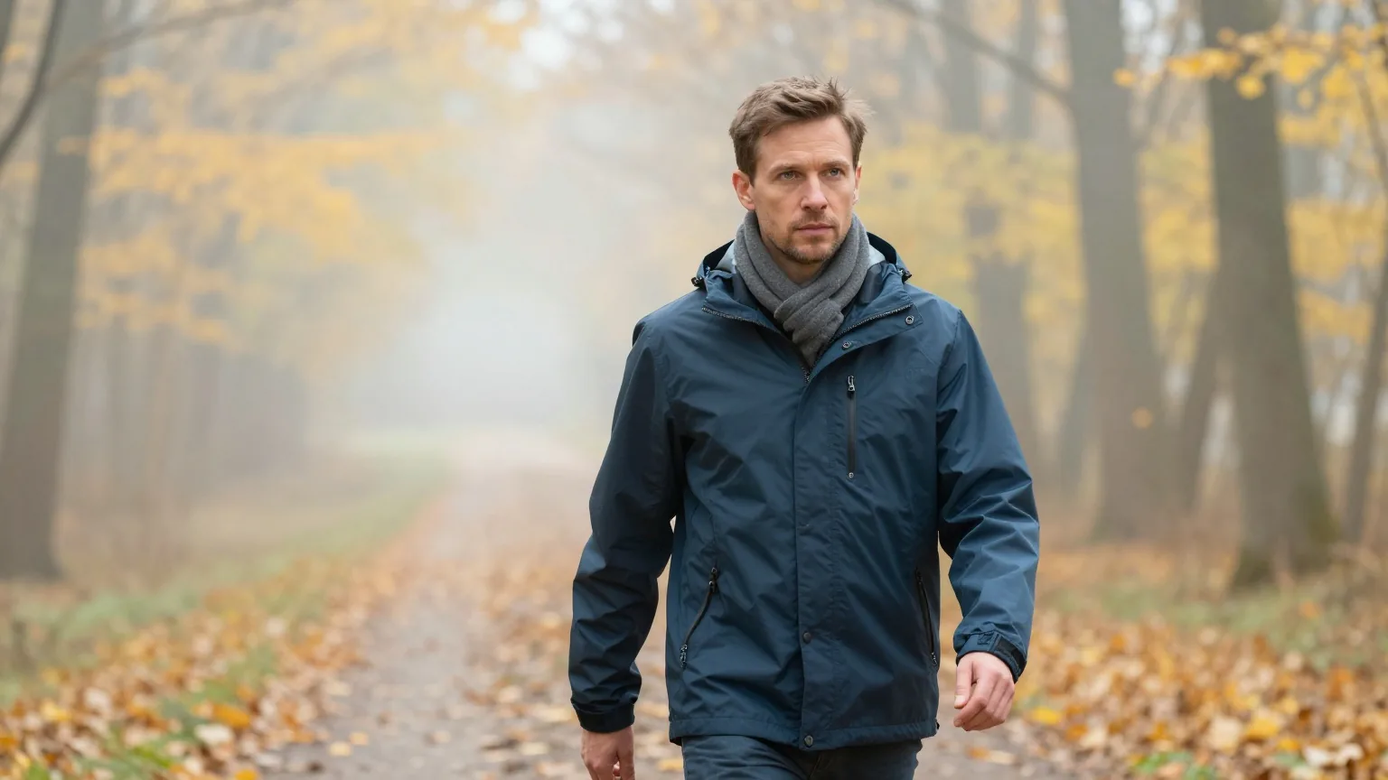 Mann Mitte vierzig mit kurzem braunem Haar in dunkelblauer Regenjacke geht an einem Herbstmorgen zügig einen Waldweg entlang und atmet tief durch