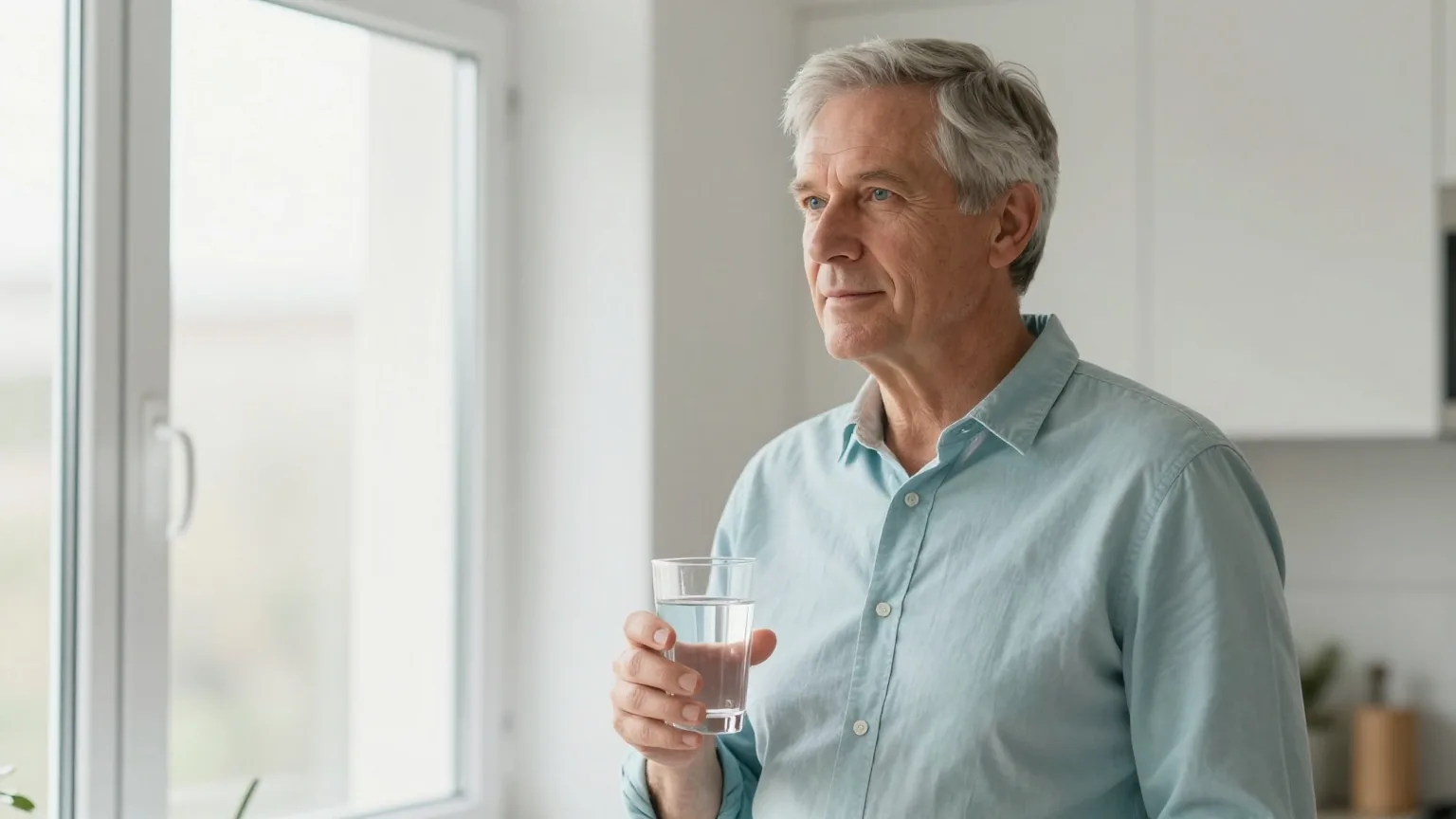 Mann Ende fünfzig mit kurzem grauem Haar und hellblauem Hemd steht morgens am Fenster einer hellen Küche und hält ein Glas Wasser