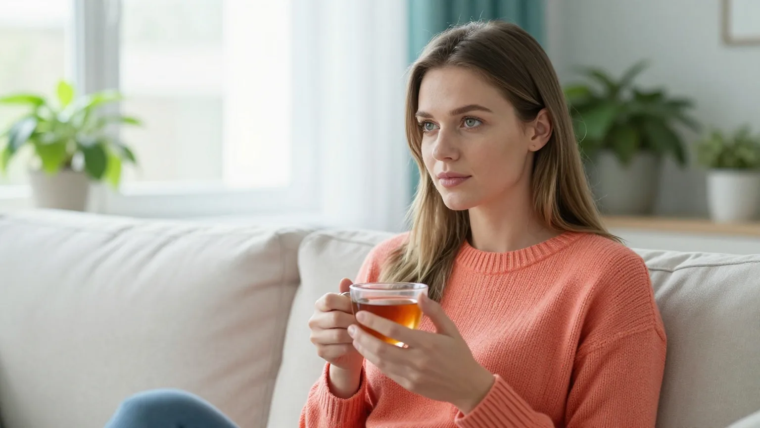 Junge Frau mit langem dunkelblondem Haar in korallfarbenem Strickpullover sitzt in einem hellen Wohnzimmer auf dem Sofa und hält nachdenklich eine Tasse Tee