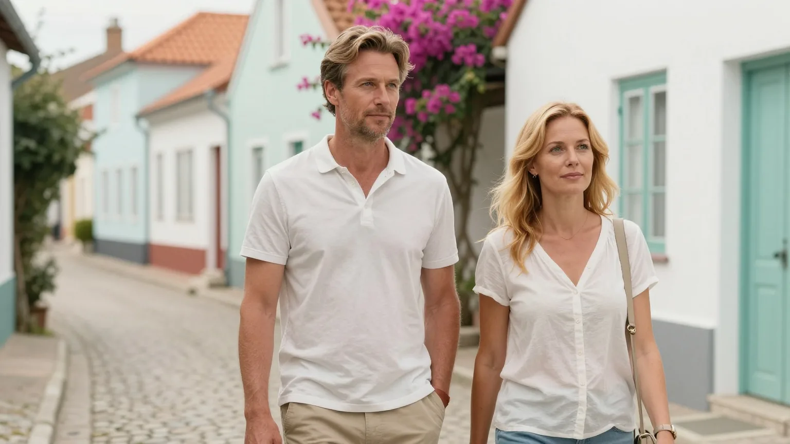 Paar Mitte vierzig mit dunkelblondem und rotblondem Haar in leichter Sommerkleidung spaziert am Vormittag durch eine ruhige Kopfsteinpflastergasse mit farbig gestrichenen Häusern und blühenden Bougainvilleen