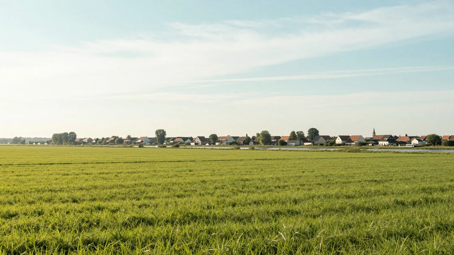 Weite Elbwiesen bei einem kleinen Dorf in Sachsen-Anhalt im Morgenlicht