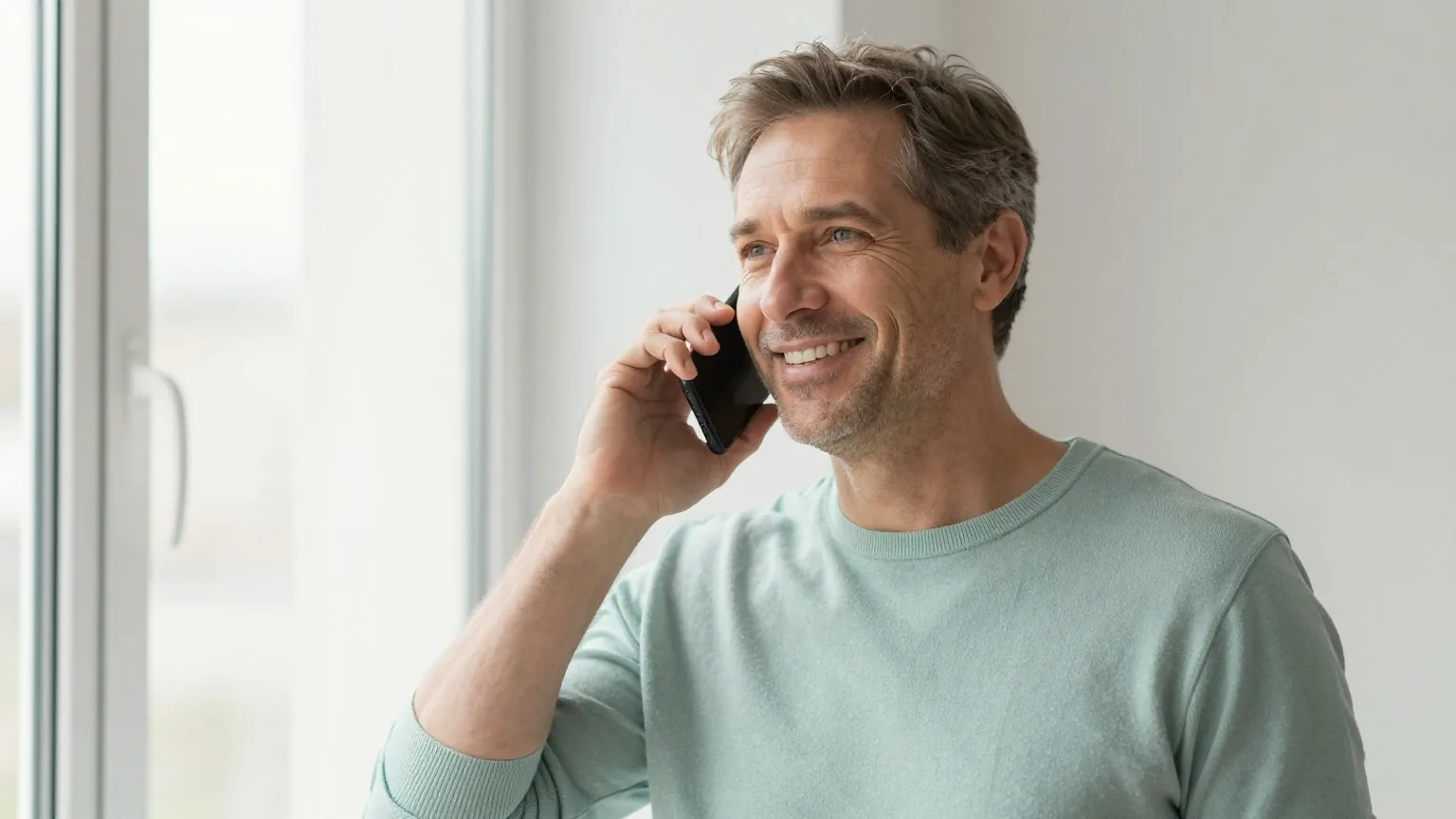 Mann in den Vierzigern telefoniert lächelnd am hellen Fenster
