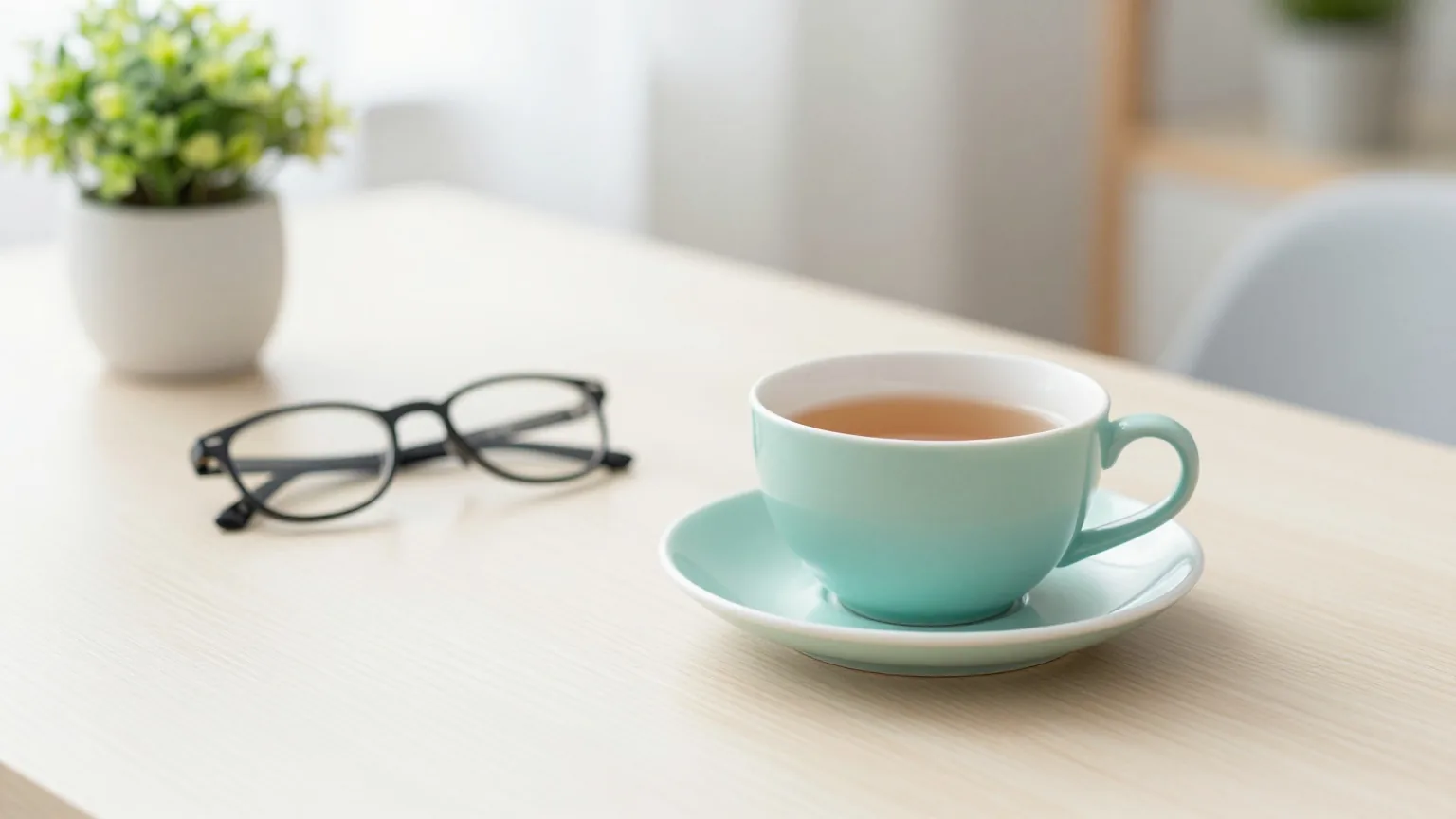 Aufgeräumter Holzschreibtisch im Tageslicht mit einer Tasse Tee, einer Lesebrille und einer kleinen Pflanze