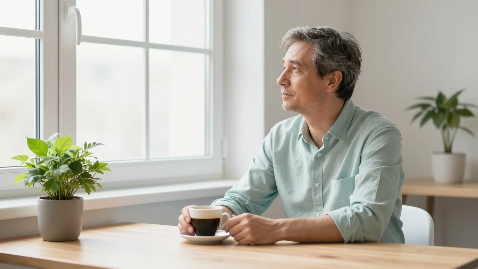 Mann in den Vierzigern sitzt nachdenklich an einem Holzschreibtisch am Fenster, auf dem Tisch eine Tasse Kaffee und eine Pflanze
