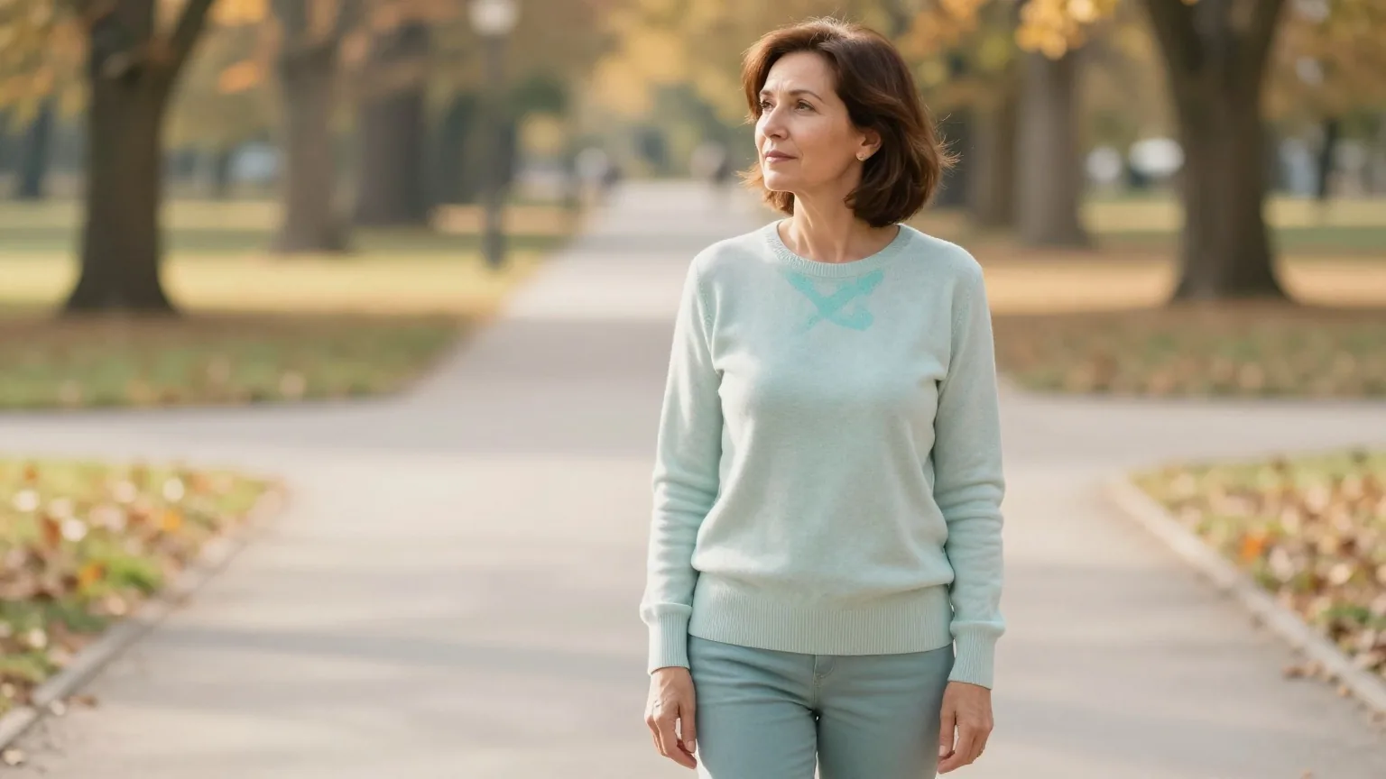 Frau in den Fünfzigern steht an einer Weggabelung in einem herbstlichen Park und schaut sich in Ruhe um