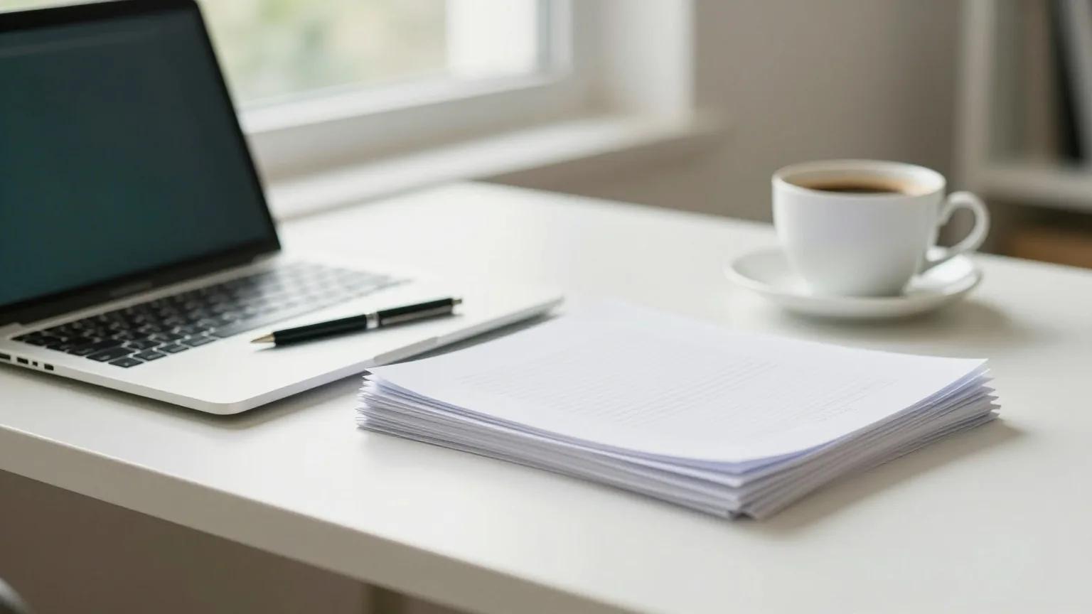 Aufgeräumter heller Schreibtisch am Fenster mit seitlich stehendem Laptop, einem Stapel Papier und einer Tasse Kaffee