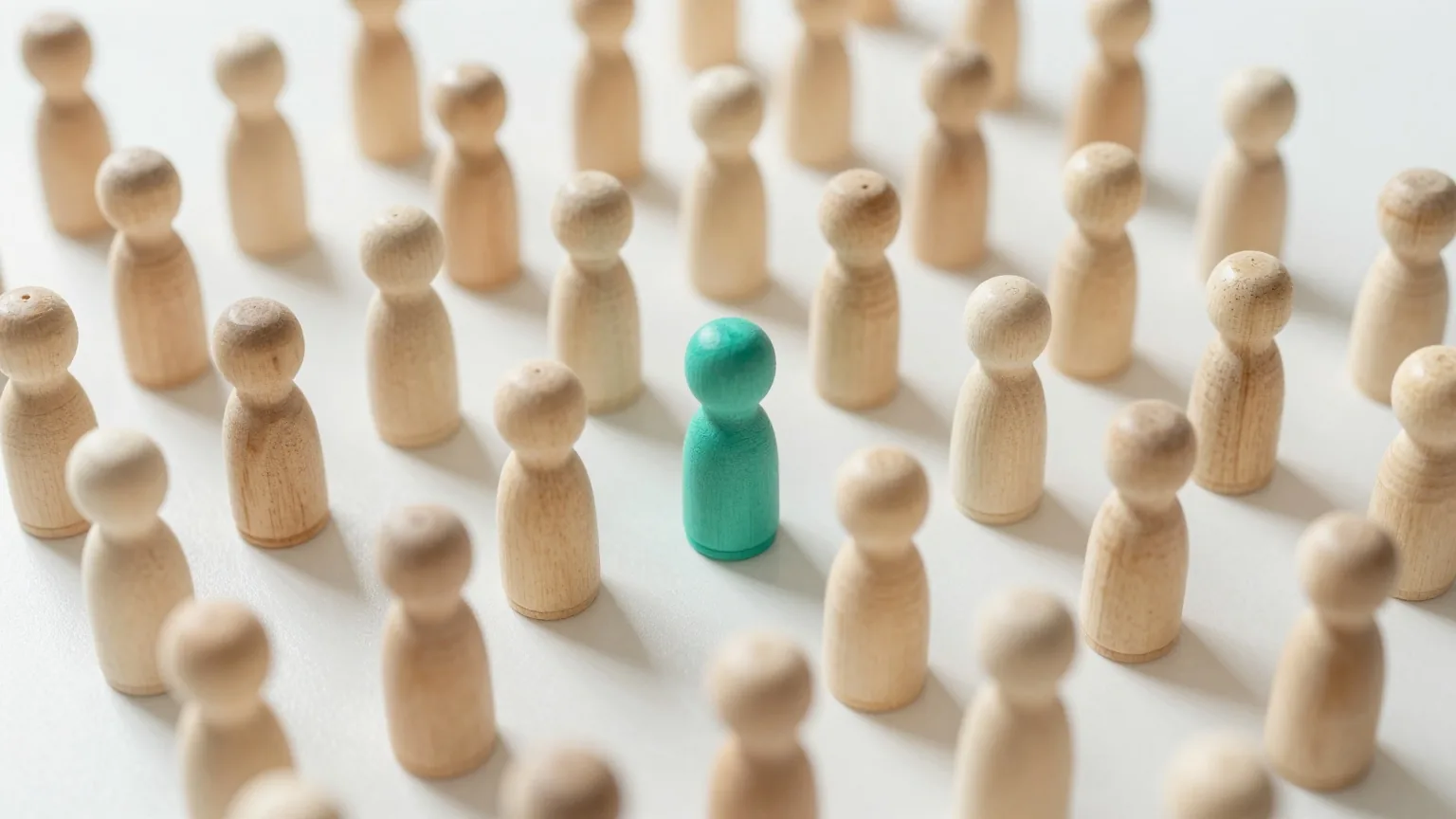 Viele kleine Holzfiguren in ordentlichen Reihen auf einem hellen Tisch, eine einzige Figur ist petrolfarben bemalt