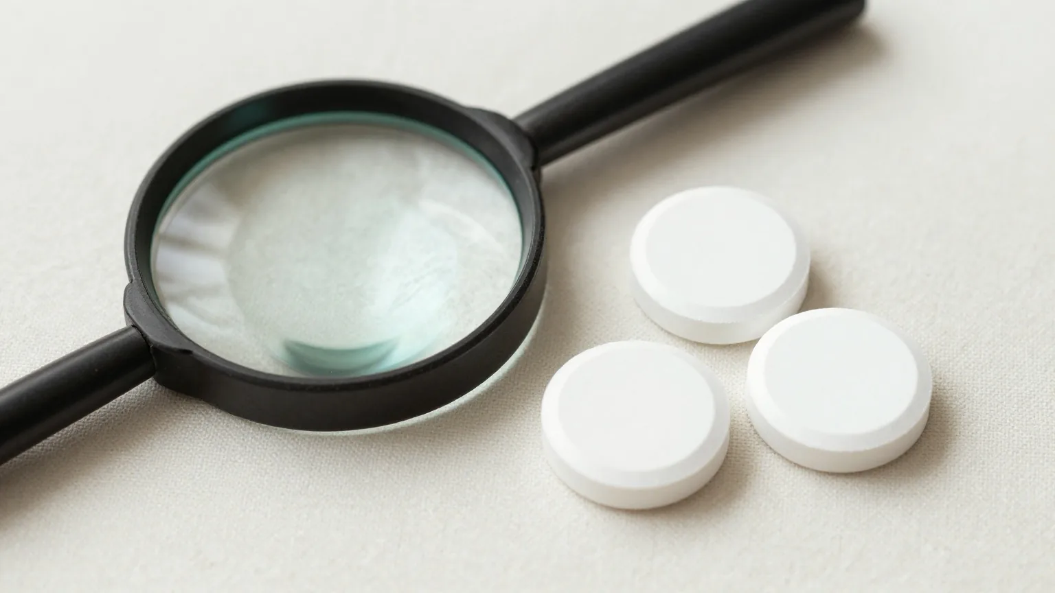 Eine Lupe liegt auf hellem Leinen neben drei weißen Tabletten ohne Prägung, von oben fotografiert