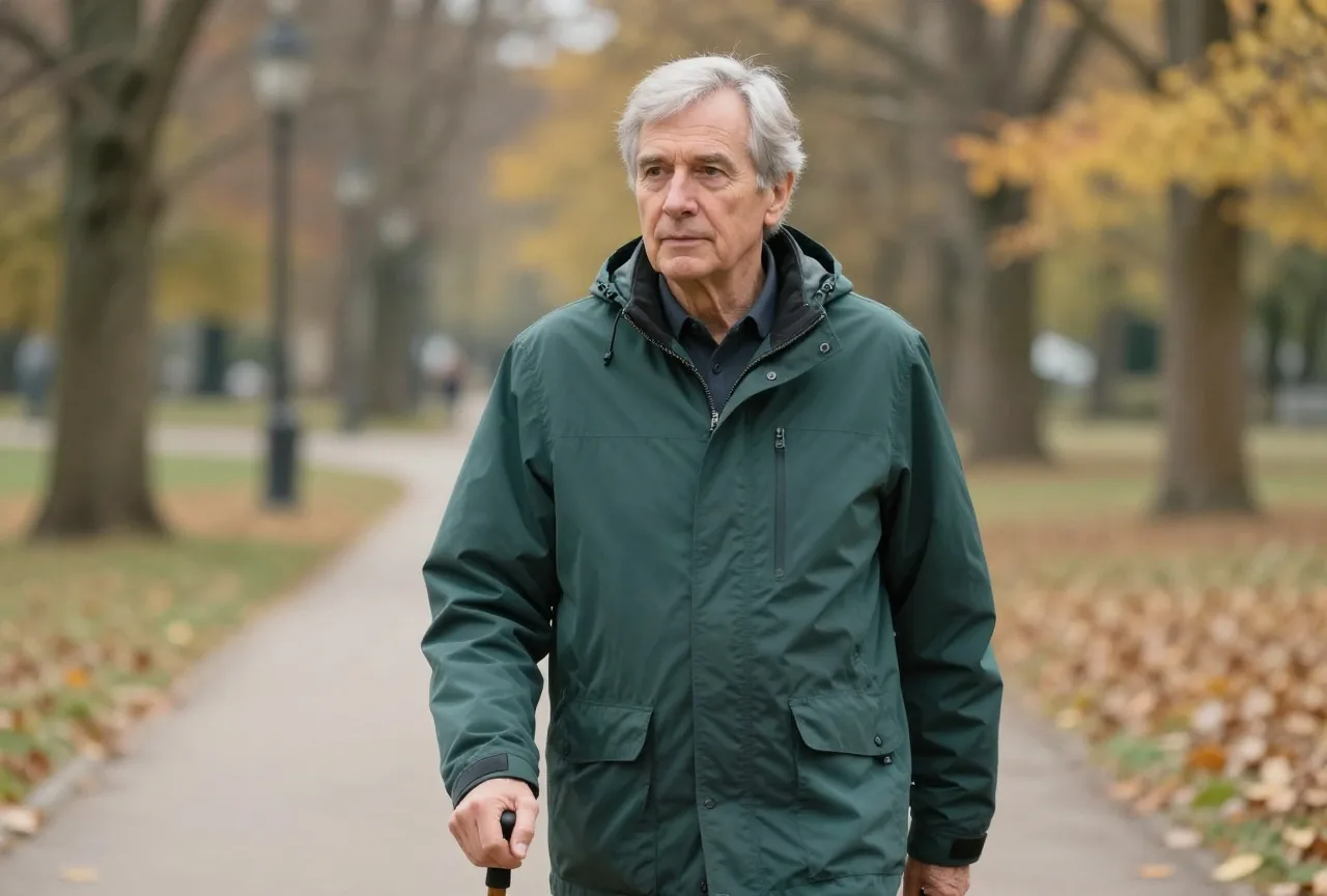 Mann Anfang sechzig mit grauem Haar und dunkelgrüner Jacke geht mit einem Gehstock langsam einen herbstlichen Parkweg entlang