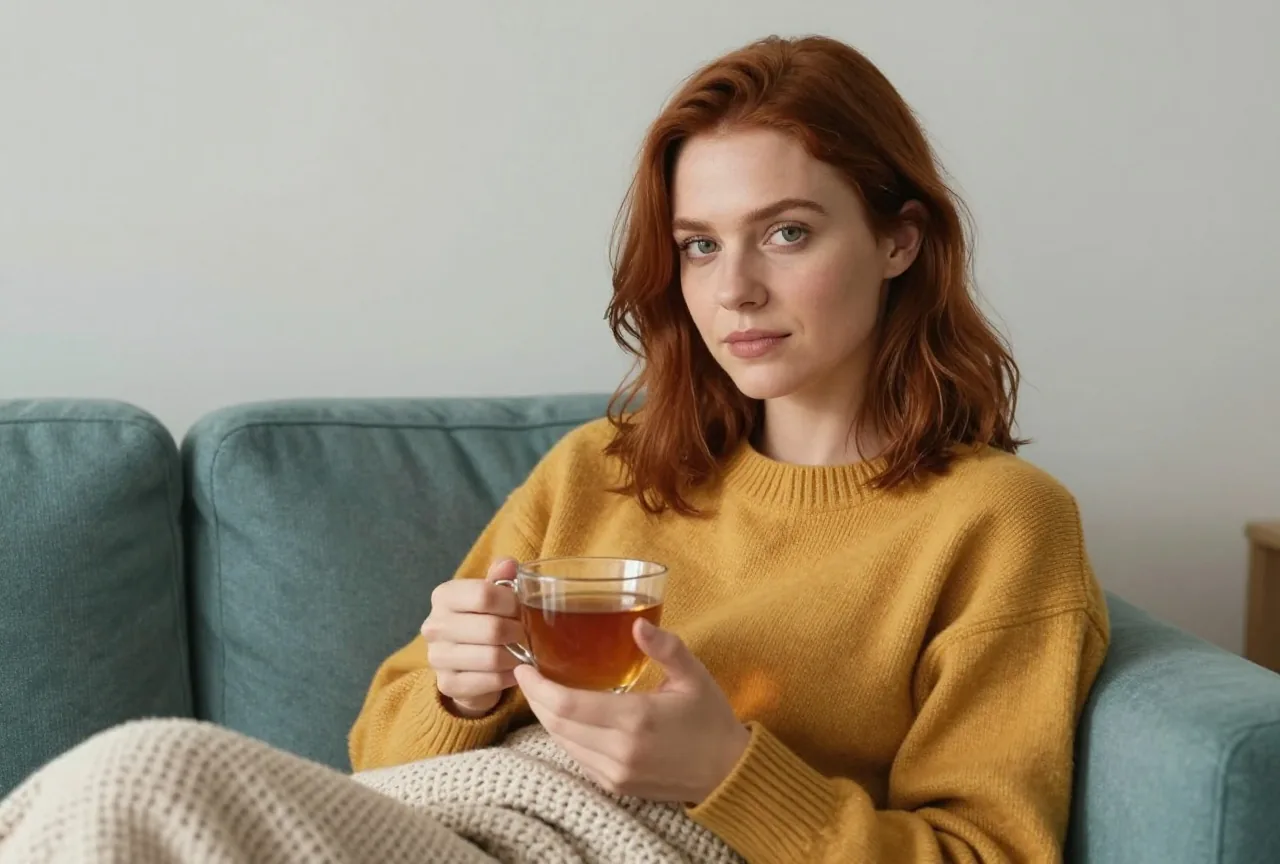 Frau Anfang dreißig mit rotbraunem schulterlangem Haar und senfgelbem Pullover sitzt mit einer Tasse Tee und einer Strickdecke entspannt auf dem Sofa