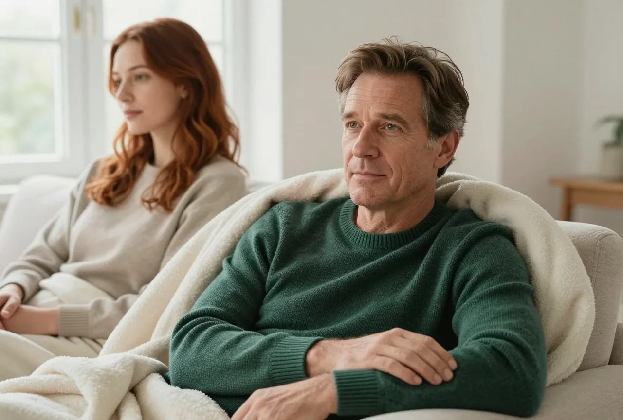 Mann Mitte fünfzig mit braunem Haar in dunkelgrünem Strickpullover ruht zu Hause unter einer hellen Wolldecke auf dem Sofa, neben ihm sitzt eine Frau mit rotbraunem Haar