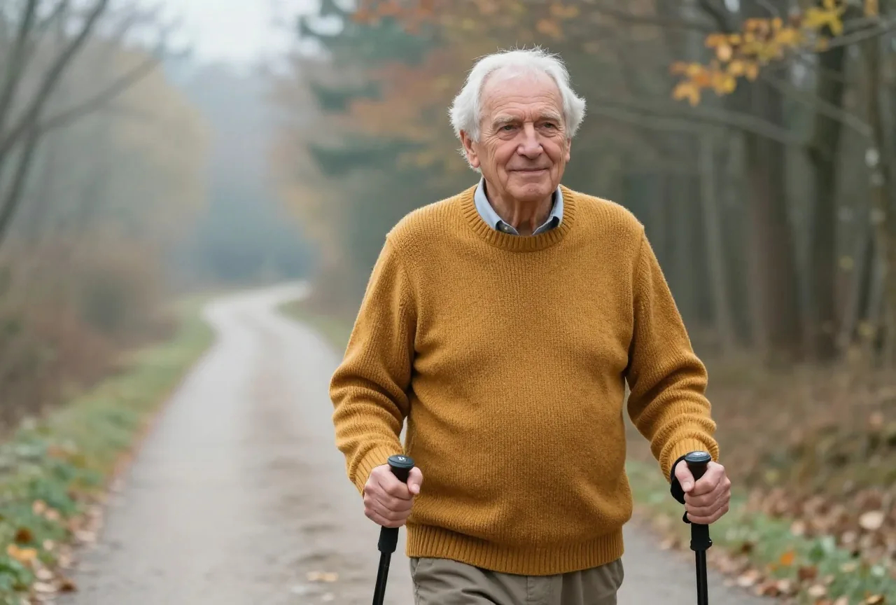 Mann Anfang siebzig mit weißem Haar im ockerfarbenen Pullover geht an einem klaren Herbstmorgen mit Wanderstöcken einen Waldweg entlang