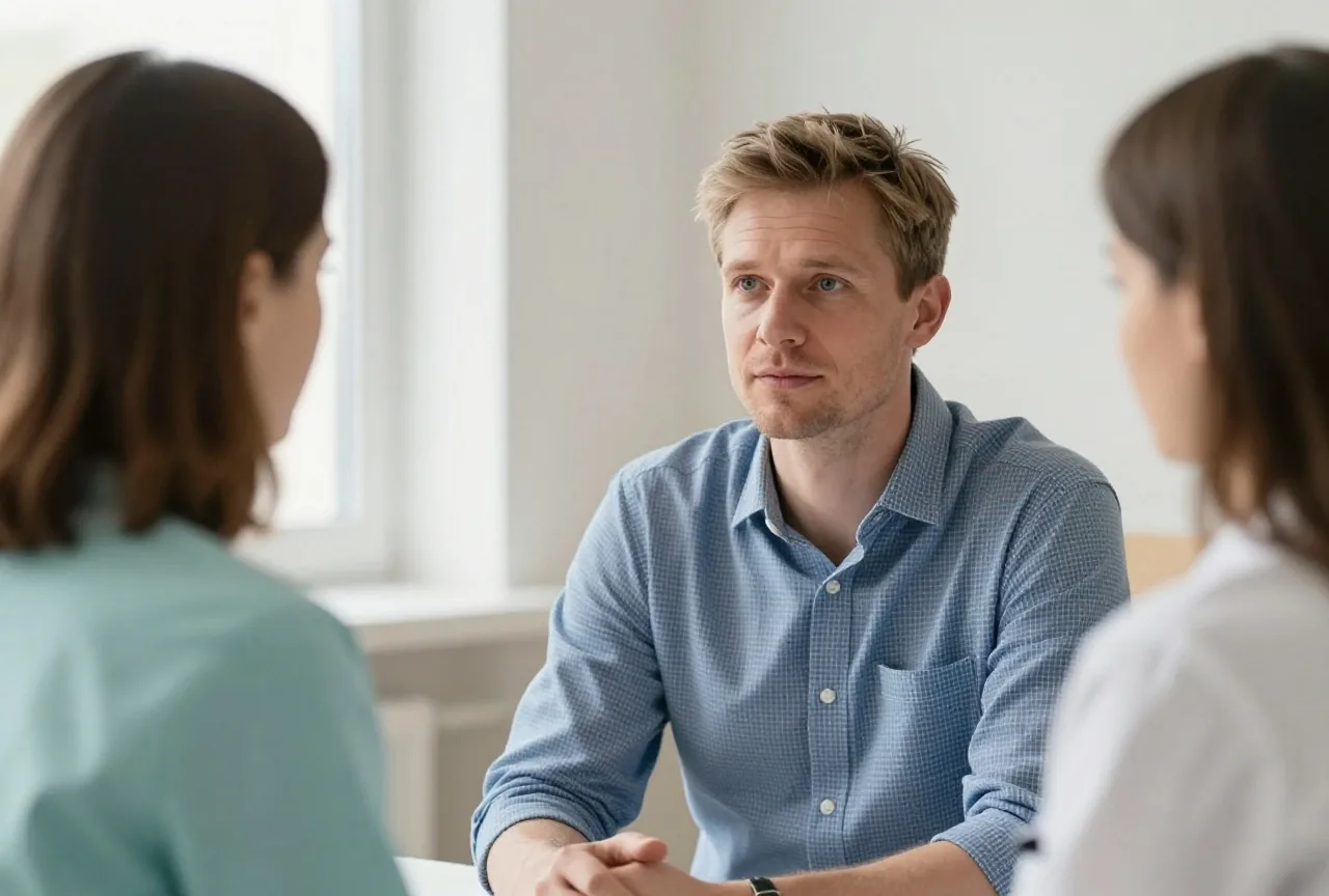 Mann Mitte vierzig mit kurzem dunkelblondem Haar im blau karierten Hemd spricht in einem hellen Sprechzimmer mit einer Ärztin mit schulterlangem braunem Haar