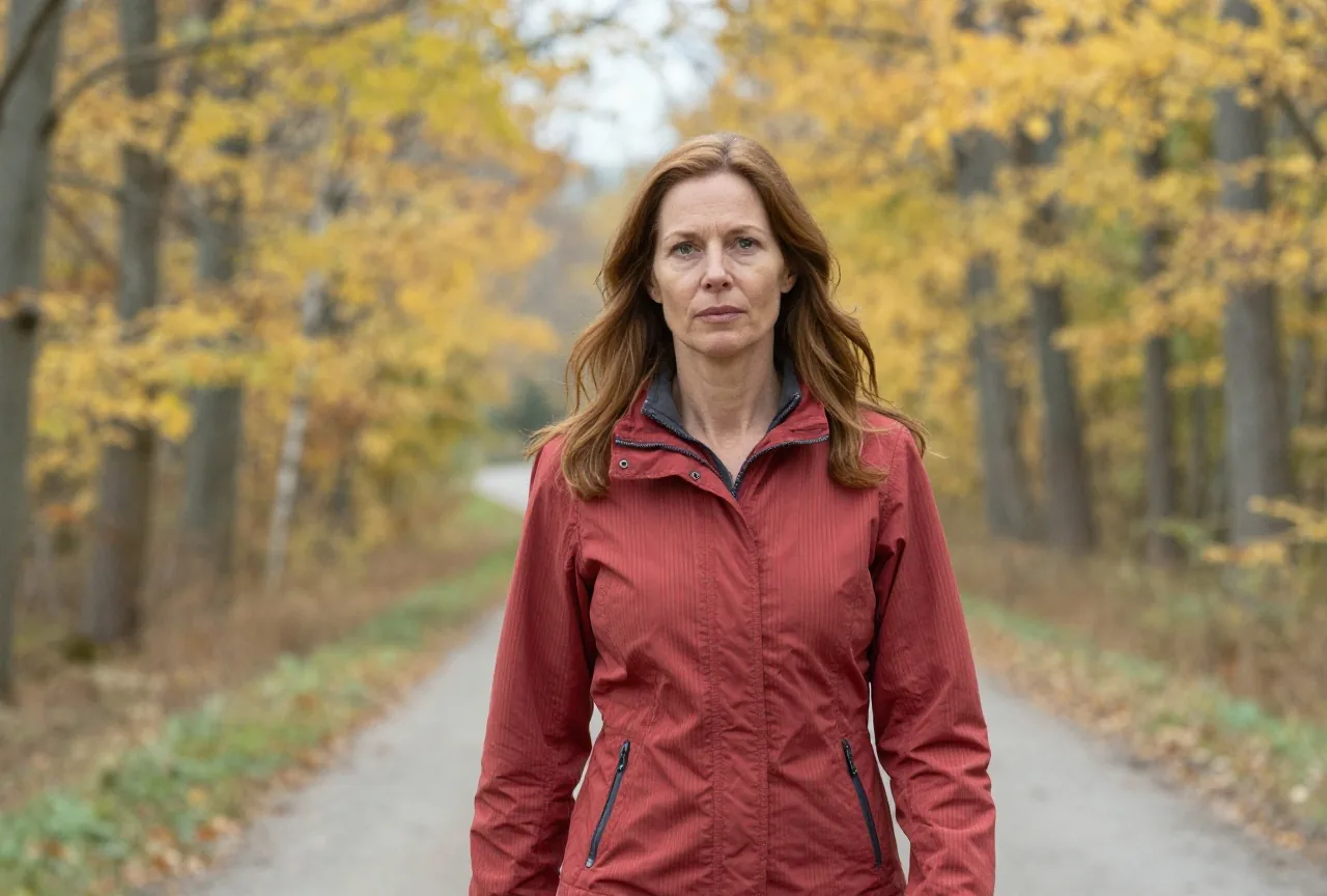 Frau Ende vierzig mit langem kastanienbraunem Haar in einer rot gestreiften Jacke geht an einem sonnigen Herbsttag zügig über einen Waldweg