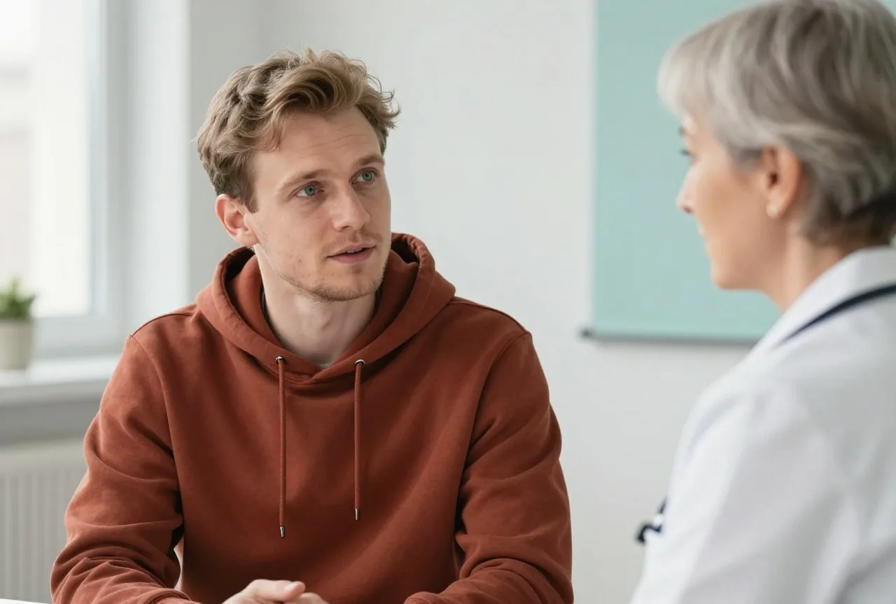 Junger Mann mit kurzen hellbraunen Haaren im rostroten Kapuzenpullover spricht in einem hellen Sprechzimmer mit einer Ärztin