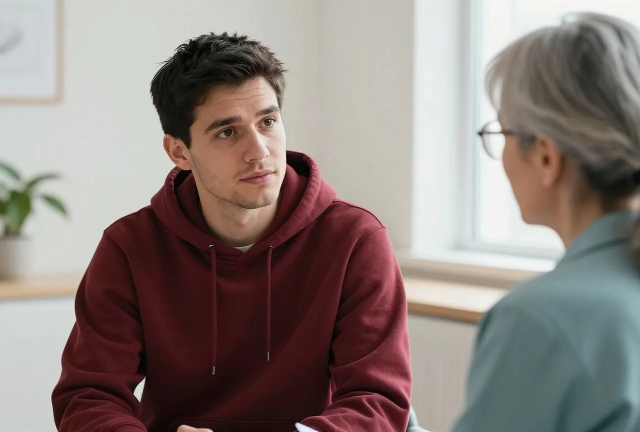 Mann Ende zwanzig mit kurzem schwarzem Haar in einem dunkelroten Kapuzenpullover spricht in einem hellen Sprechzimmer ruhig mit einer Psychiaterin mit grauem, zurückgebundenem Haar und Brille