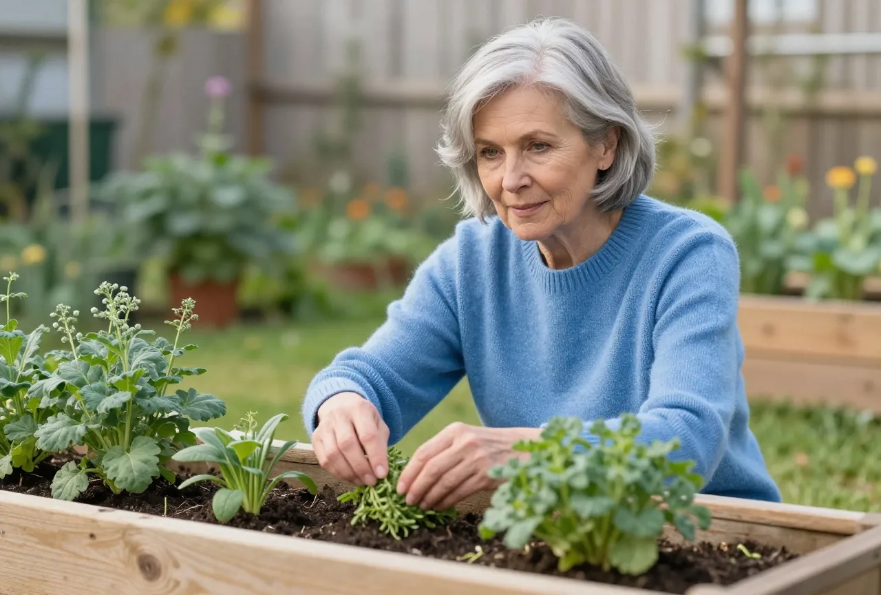 Frau Anfang sechzig mit kurzem silbergrauem Haar im kornblumenblauen Strickpullover pflanzt an einem sonnigen Herbsttag Kräuter in ein Hochbeet im Garten