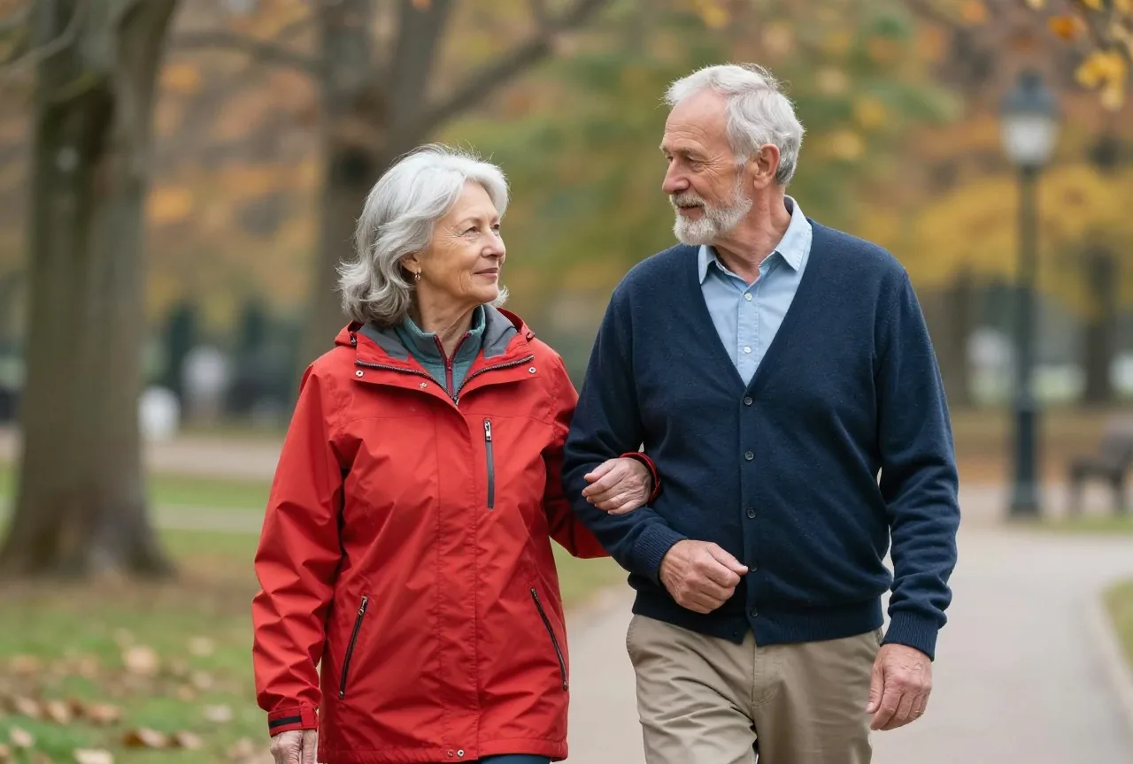 Paar Anfang siebzig geht im Herbst Arm in Arm langsam durch einen Park