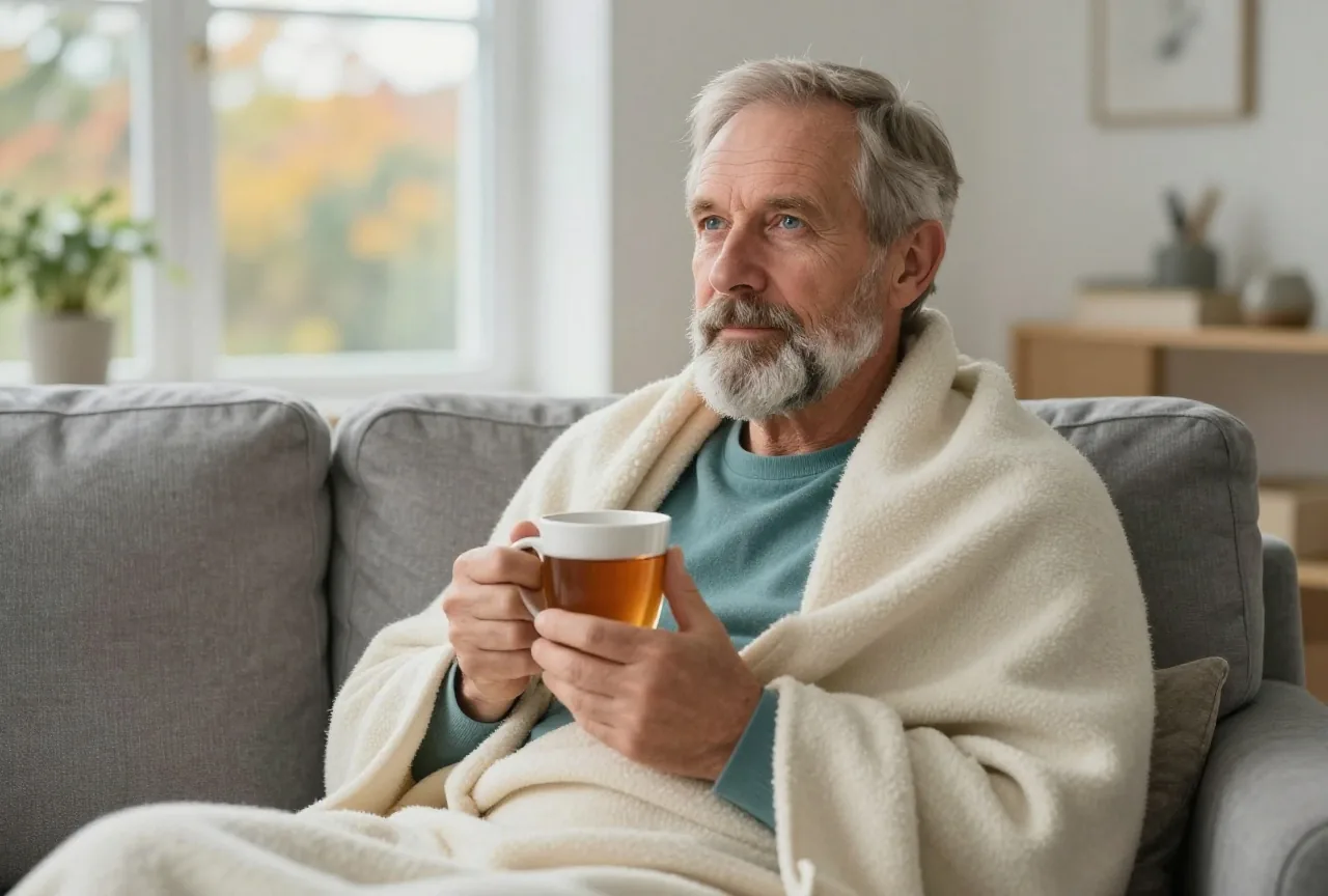 Mann Anfang siebzig mit grauem Bart ruht in eine Wolldecke gehüllt auf dem Sofa und hält eine Tasse Kräutertee