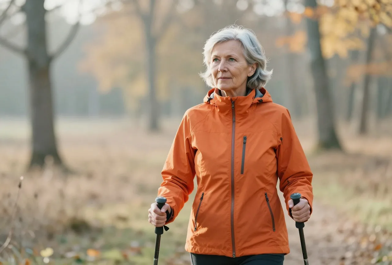 Frau Mitte sechzig mit kurzem silbergrauem Haar geht an einem sonnigen Herbstvormittag mit Walkingstöcken durch einen lichten Wald