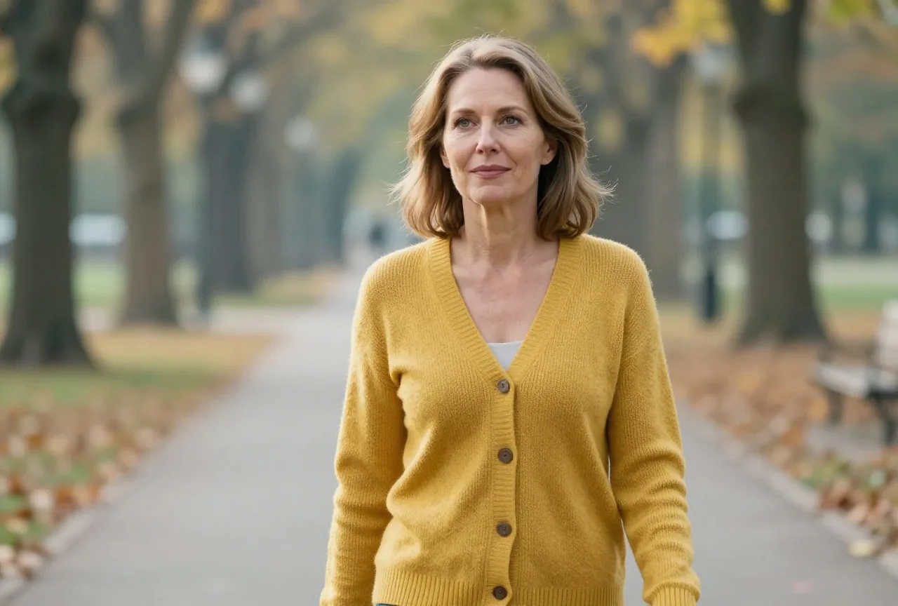 Frau Ende fünfzig mit halblangem hellbraunem Haar in gelber Strickjacke geht an einem Herbsttag durch einen Park