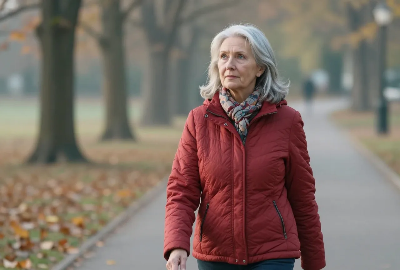 Frau in den Sechzigern mit kinnlangem silbergrauem Haar und roter Steppjacke geht an einem Herbstmorgen langsam durch einen Park