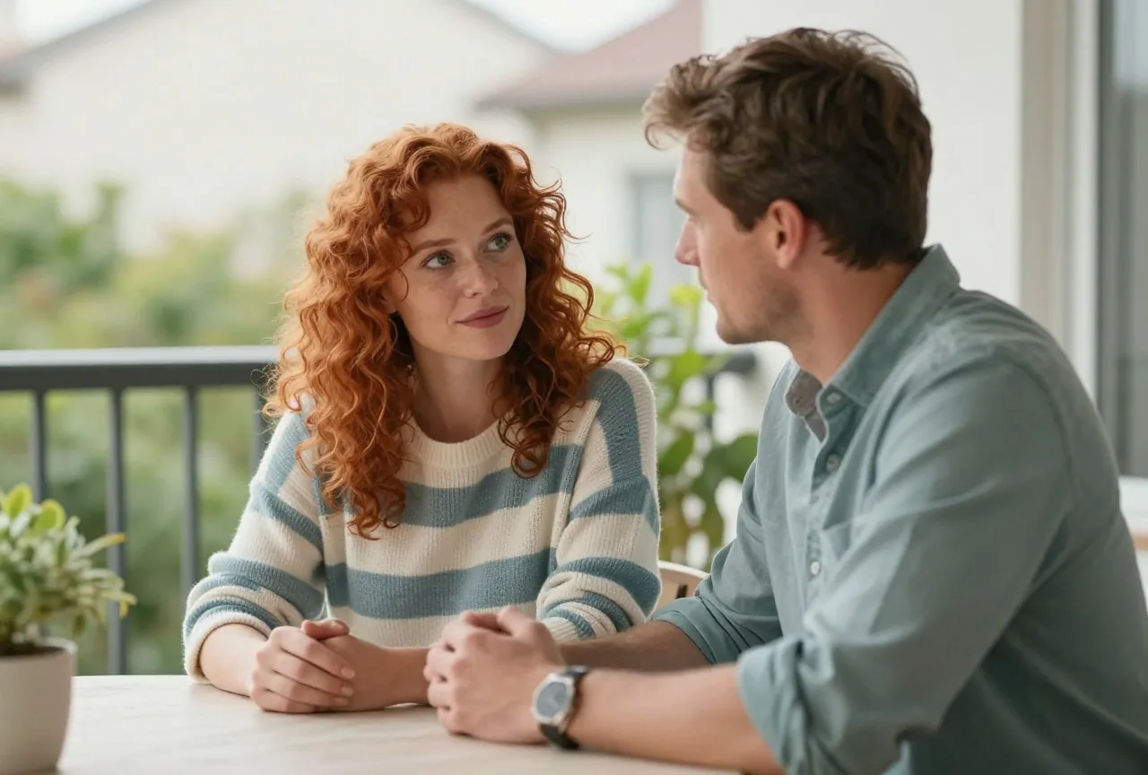 Paar Mitte dreißig, die Frau mit lockigem rotem Haar im gestreiften Pullover, deckt gemeinsam einen Tisch auf einem sonnigen Balkon mit Pflanzen