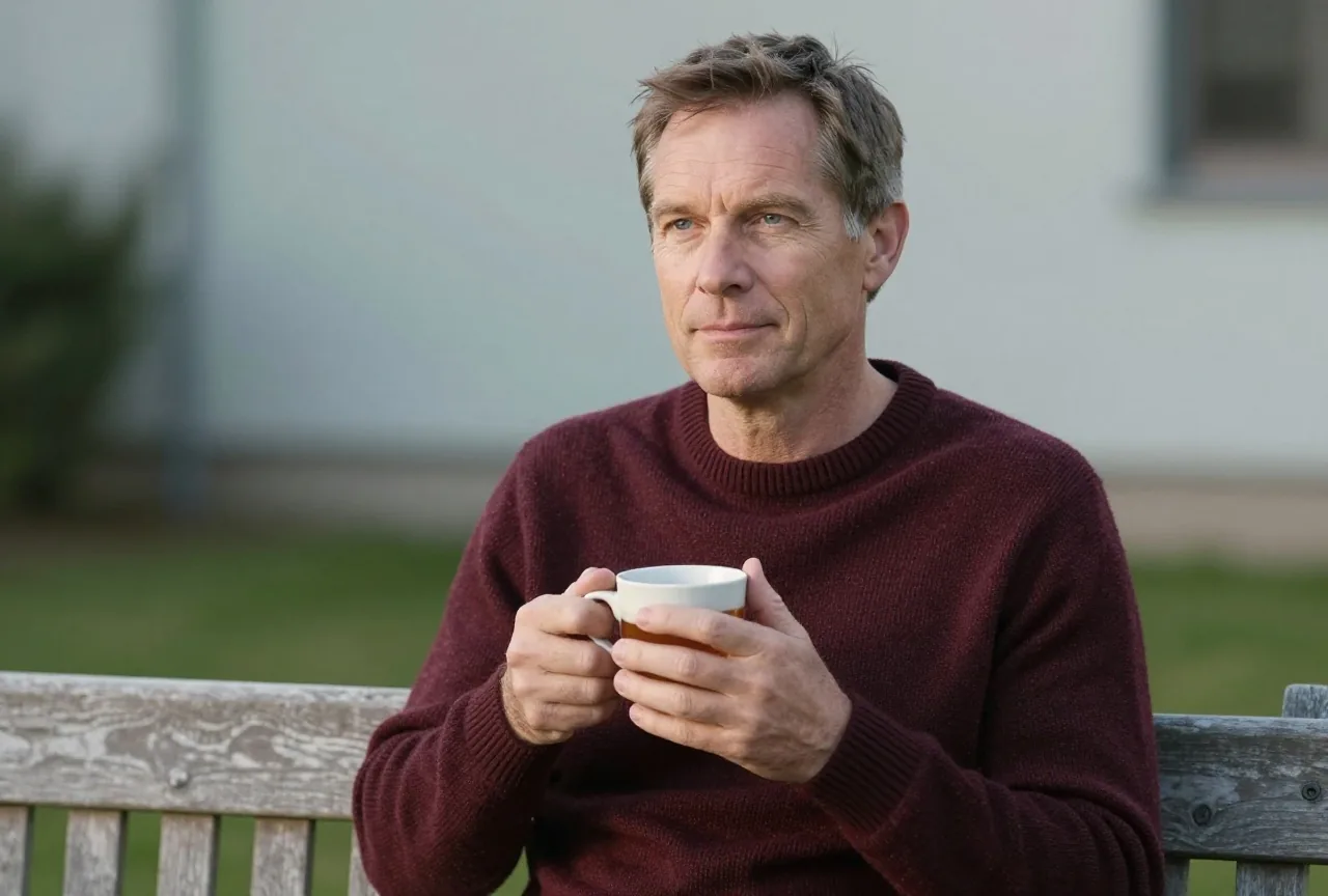 Mann Mitte fünfzig mit kurzem, an den Schläfen ergrautem braunem Haar im weinroten Strickpullover sitzt morgens mit einer Teetasse auf einer Gartenbank