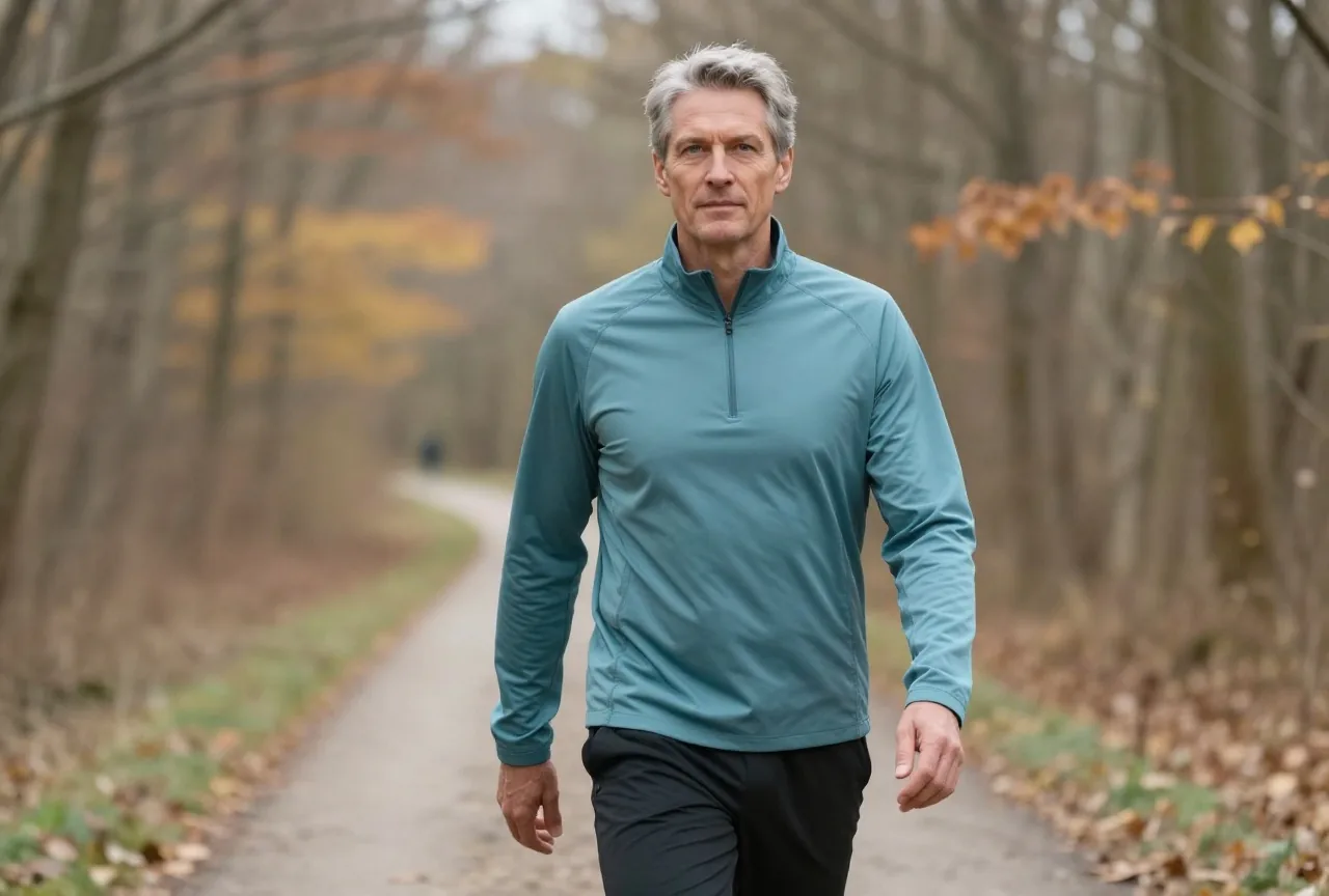 Mann Mitte fünfzig mit grauem Haar macht in Sportkleidung einen zügigen Spaziergang auf einem Waldweg im Herbst
