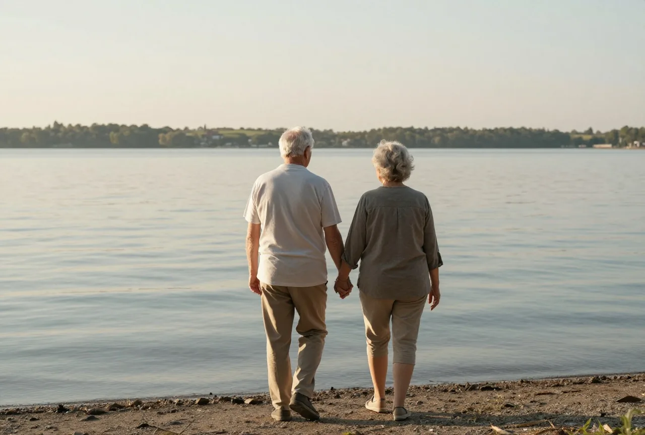 Älteres Paar steht Hand in Hand am Ufer eines ruhigen Sees im Abendlicht, von hinten gesehen