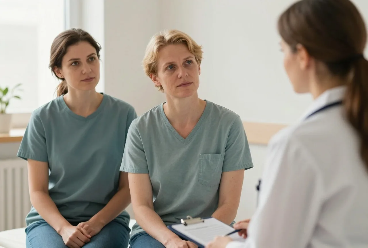 Vater um die vierzig mit kurzem blondem Haar und Mutter mit braunem Haar sitzen in einem hellen Sprechzimmer einer Ärztin gegenüber und hören aufmerksam zu