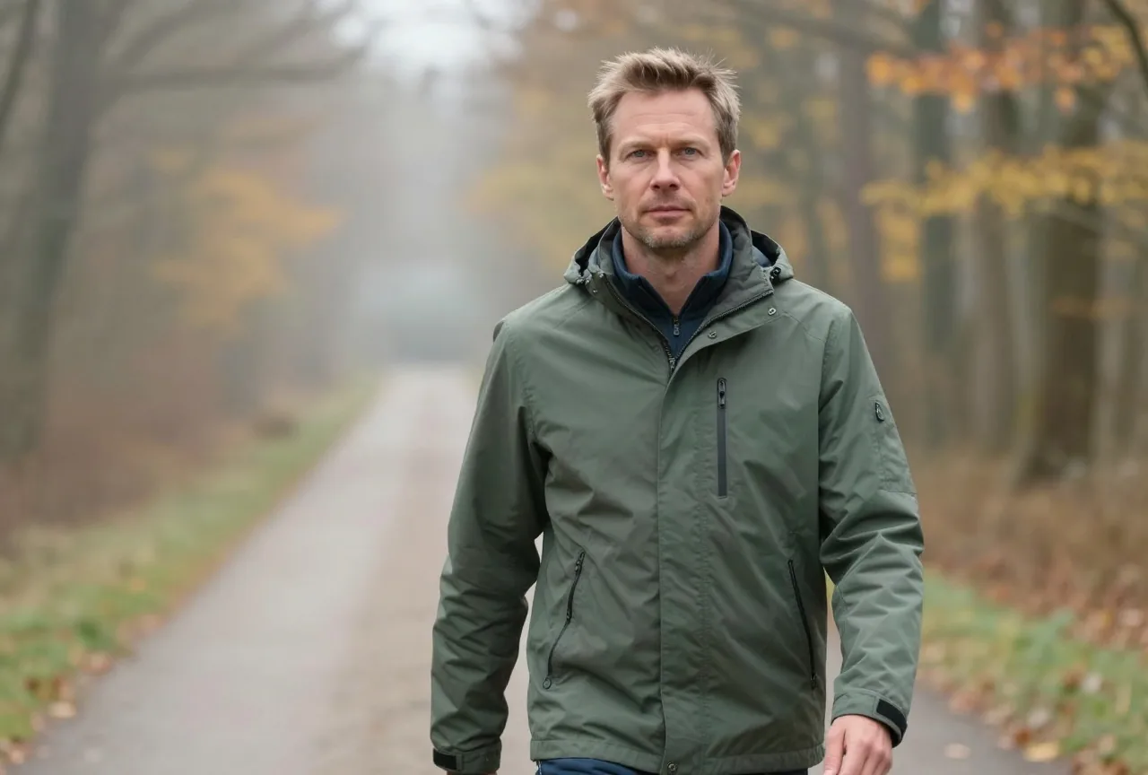 Mann in den Vierzigern geht an einem nebligen Herbstmorgen allein einen ruhigen Waldweg entlang