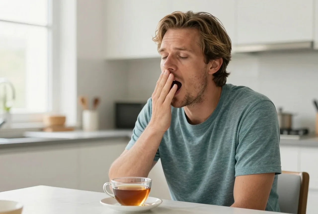 Mann Anfang vierzig mit dunkelblondem Haar sitzt morgens am Küchentisch vor einer Tasse Tee und gähnt