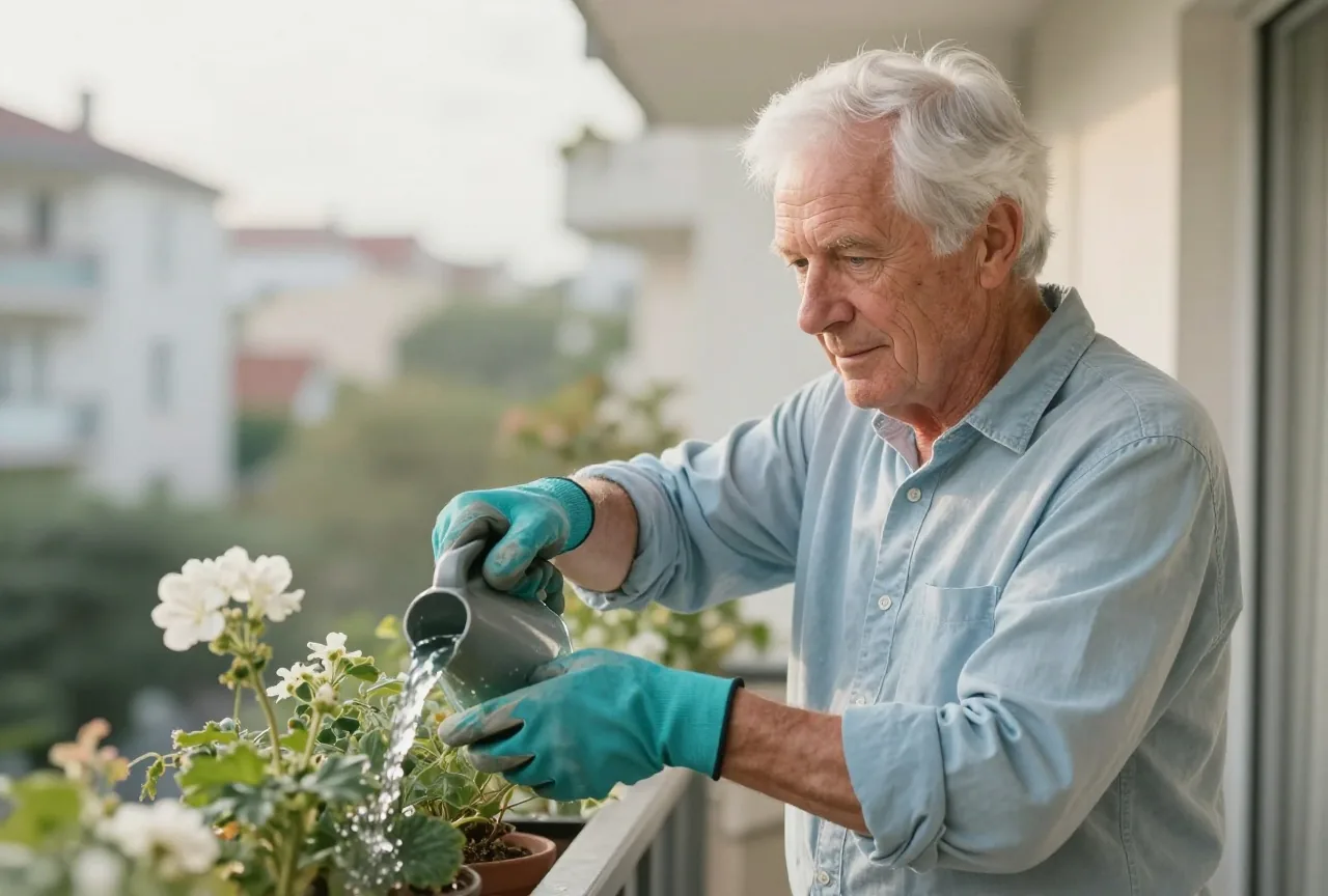 Mann um die siebzig gießt mit Gartenhandschuhen Pflanzen auf seinem Balkon