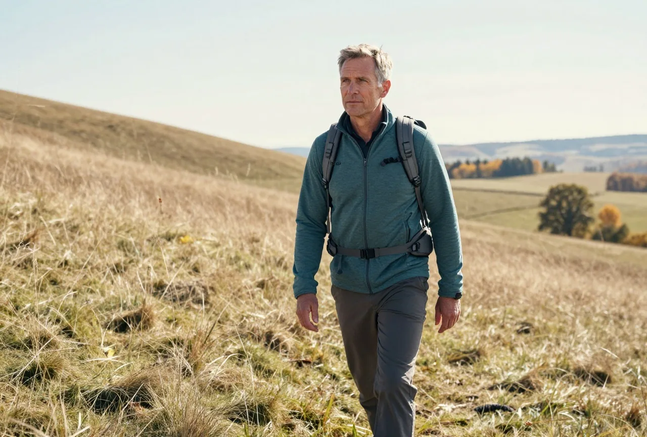 Mann um die sechzig mit kurzen grauen Haaren wandert mit Rucksack an einem sonnigen Herbsttag über einen Hügel