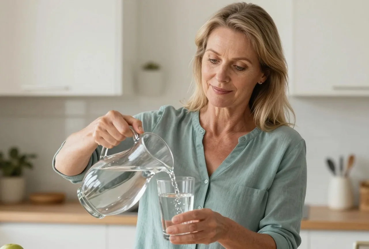 Frau Ende fünfzig mit dunkelblondem Haar schenkt sich in einer hellen Küche ein großes Glas Wasser ein