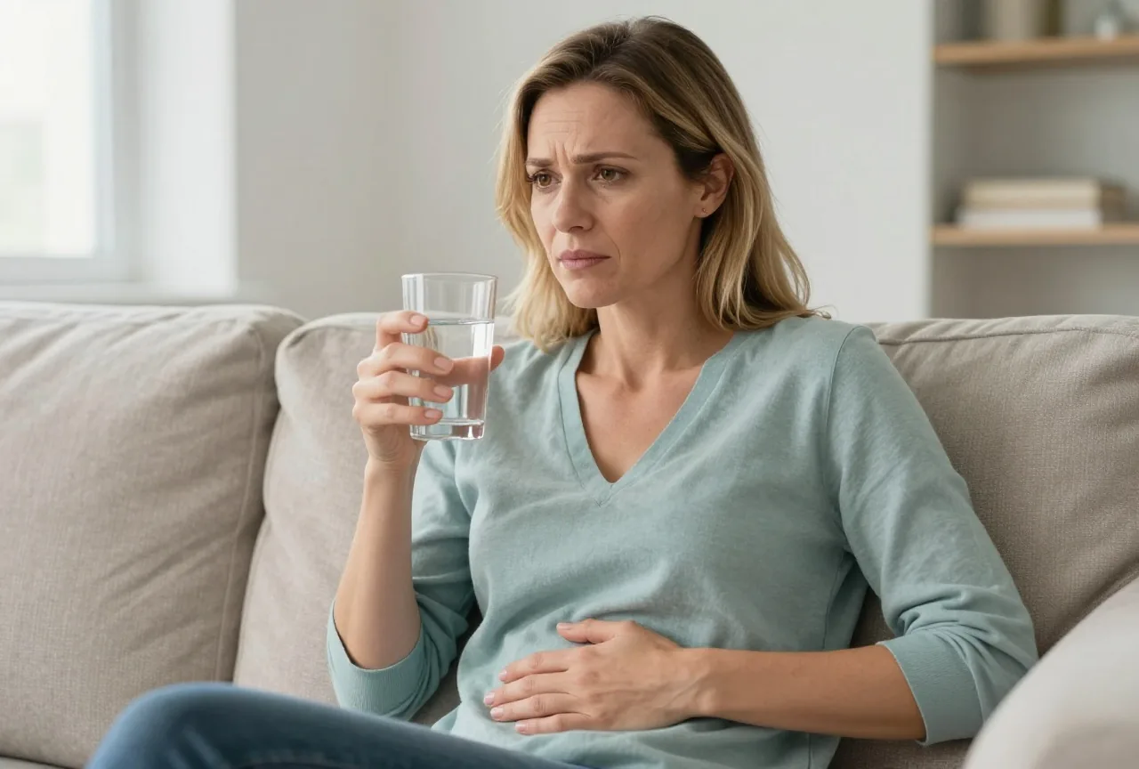 Frau Mitte vierzig mit dunkelblondem Haar sitzt auf einem Sofa, hält ein Glas Wasser und legt eine Hand auf den Oberbauch