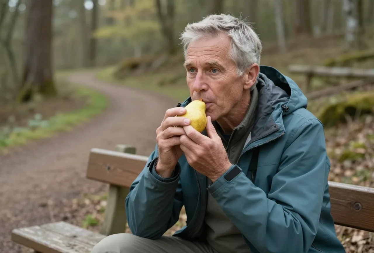 Mann Anfang sechzig macht auf einer Wanderung eine Pause auf einer Bank und isst eine Birne
