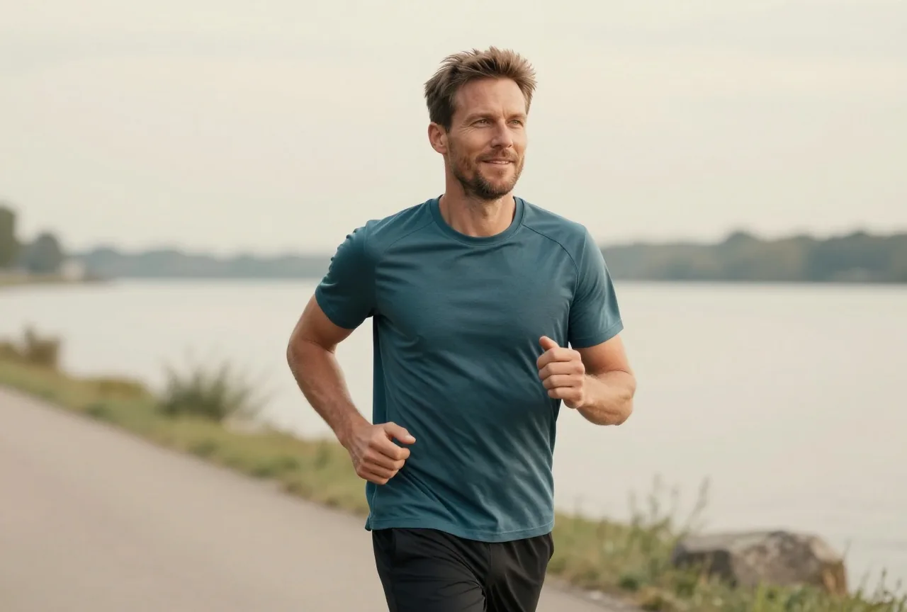 Mann Mitte vierzig mit kurzem braunem Haar joggt an einem bewölkten Morgen gemächlich auf einem Uferweg an einem See
