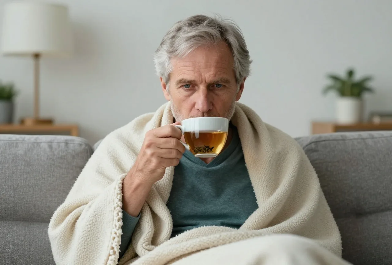 Mann um die sechzig mit grauem Haar sitzt in eine Decke gehüllt auf dem Sofa und trinkt eine Tasse Kräutertee