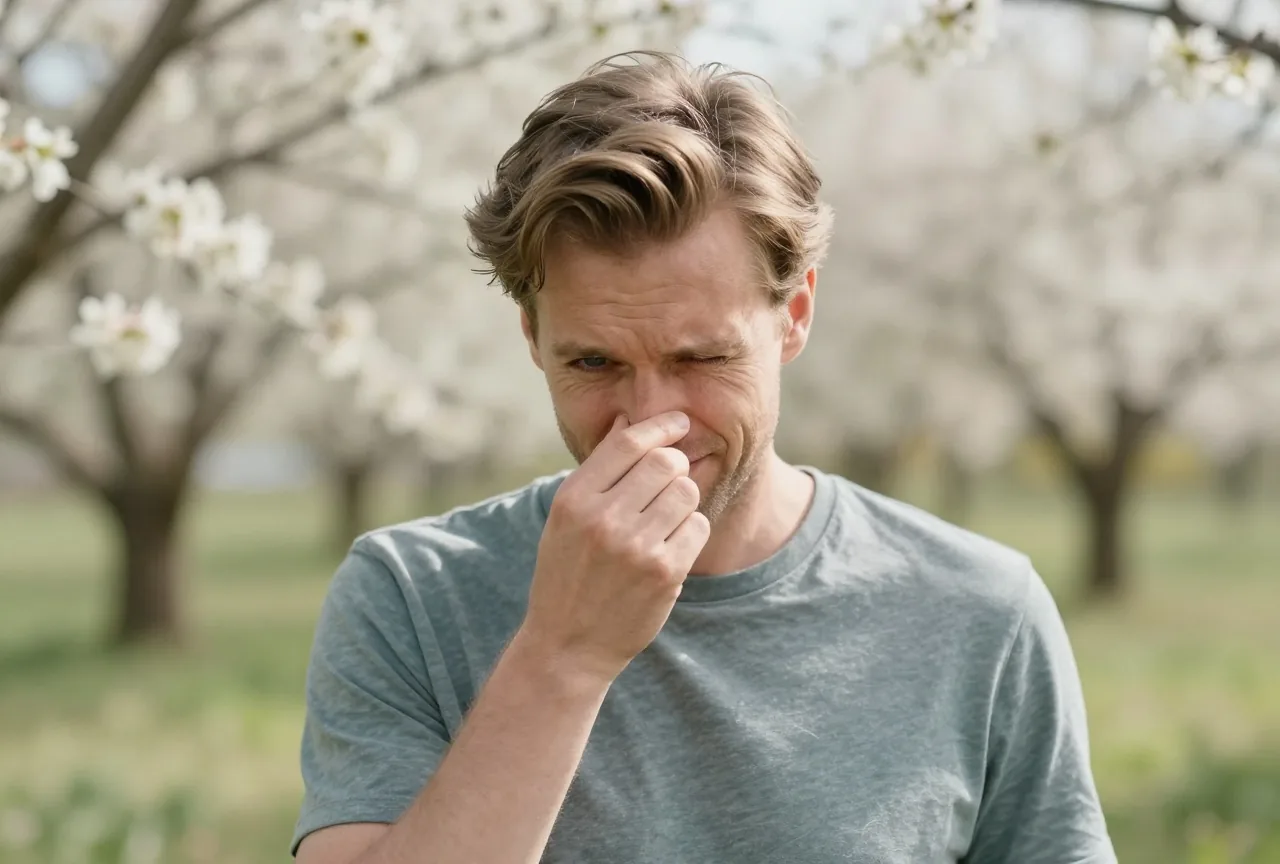 Mann um die vierzig mit dunkelblondem Haar steht im Frühling auf einer blühenden Wiese und reibt sich mit dem Handrücken die Nase