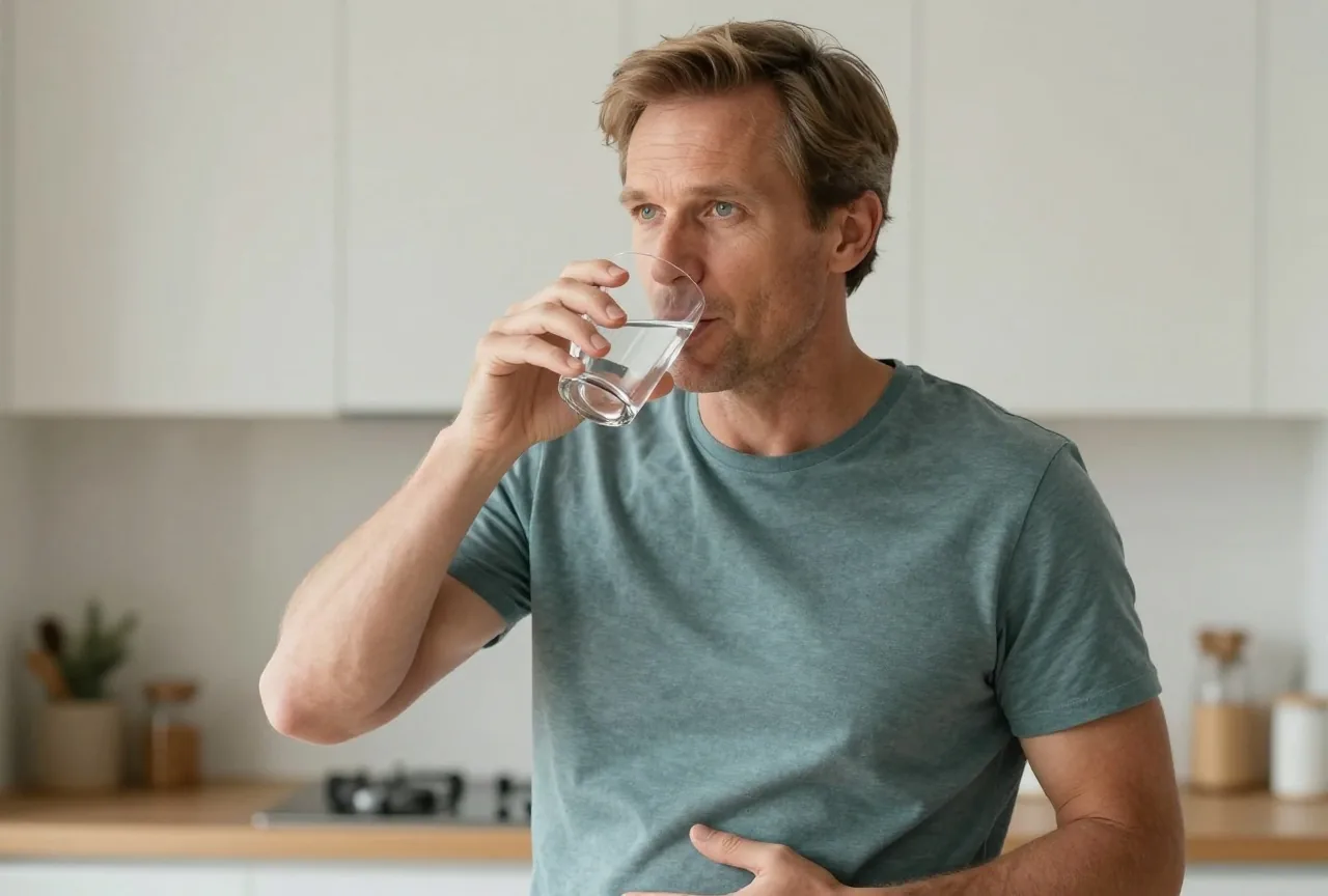 Mann Mitte fünfzig mit dunkelblondem Haar steht in der Küche, hält sich mit einer Hand den Oberbauch und trinkt ein Glas Wasser