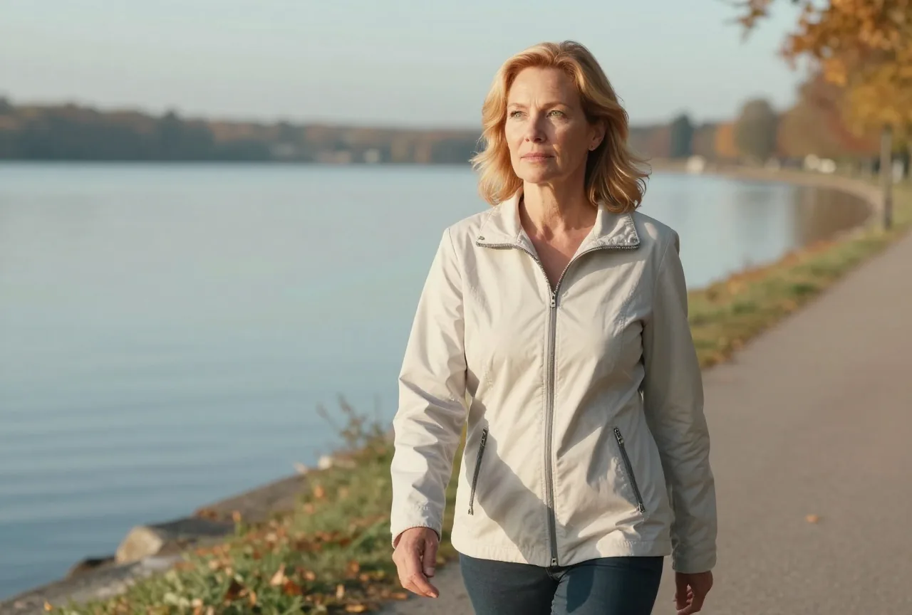 Frau Mitte fünfzig mit rotblondem Haar geht an einem klaren Herbstmorgen zügig einen Spazierweg am See entlang