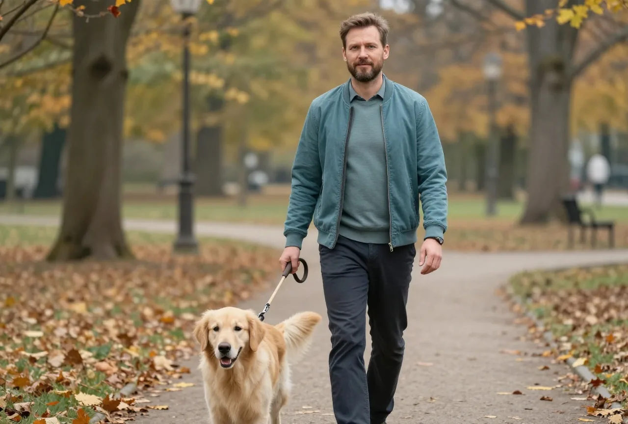 Mann in den Fünfzigern geht an einem Herbstnachmittag mit seinem Hund durch einen Park mit buntem Laub