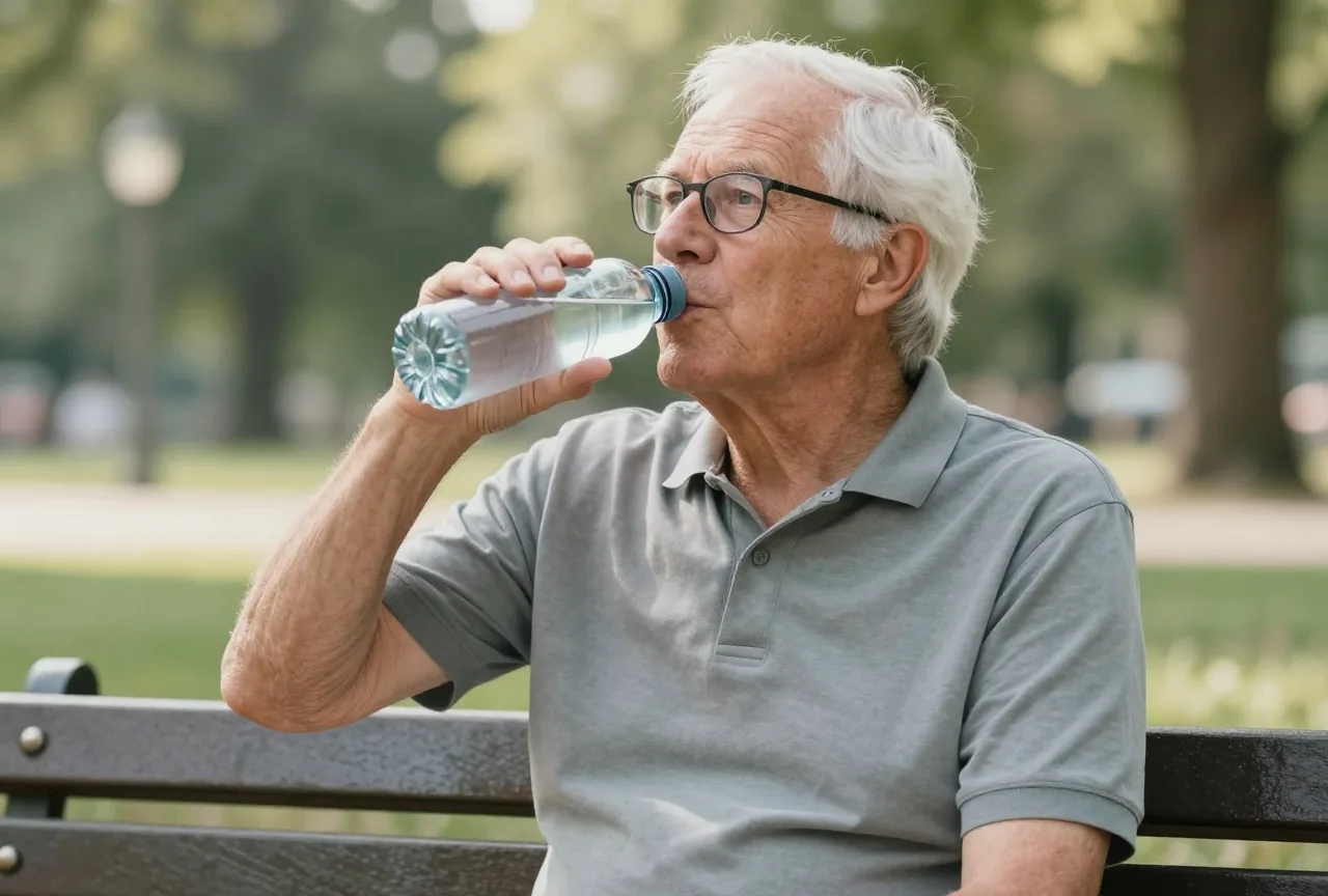 Mann um die siebzig mit weißem Haar und Brille sitzt auf einer Parkbank und trinkt aus einer Wasserflasche