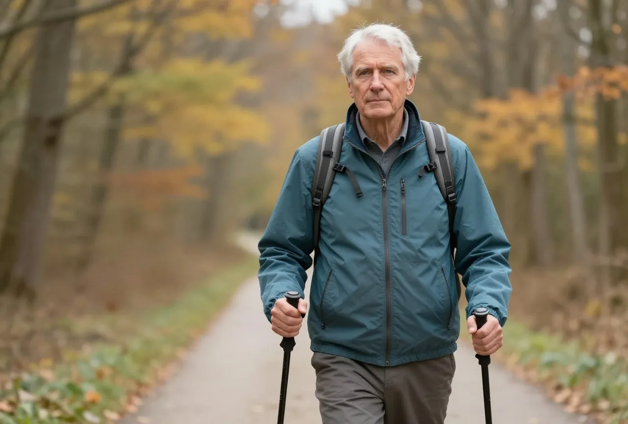 Mann um die siebzig mit weißem Haar geht mit Wanderstöcken einen herbstlichen Waldweg entlang