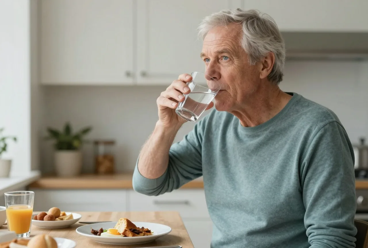 Mann Anfang sechzig mit grauem Haar steht morgens in einer hellen Küche und trinkt ein Glas Wasser, das Frühstück steht noch unberührt auf dem Tisch