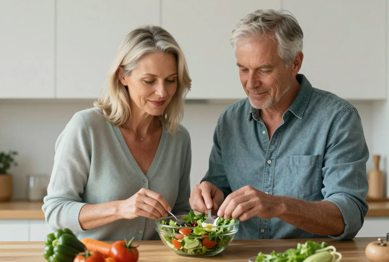 Paar um die sechzig bereitet in einer hellen Küche gemeinsam einen Gemüsesalat zu